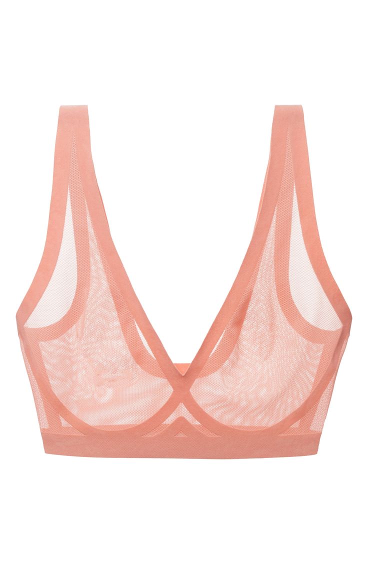 Sheer mesh lends breathable comfort to this soft bralette made for everyday wear. Elasticized straps 82% nylon, 18% spandex Machine wash, tumble dry Imported Sheer Mesh Underwire Bra, Sheer Full Coverage Stretch Bra, Mesh Full Coverage Bra With Removable Pads, Mesh Bra With Medium Bust Support And Stretch, Chic Cropped Bra With Removable Pads, Chic Seamless Low-cut Bra, Summer Bra With Mesh Back, Underwire Mesh Bra With Removable Pads, Stretch Mesh Bra With Mesh Back