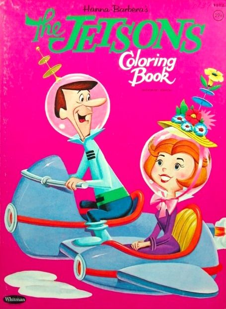 the jetsons coloring book with an image of a man and woman on a plane