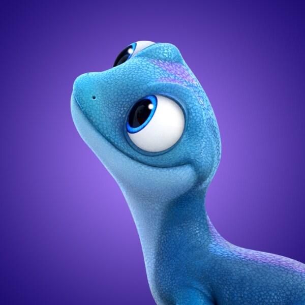 a blue cartoon character with big eyes and an eyeball in the shape of a dinosaur