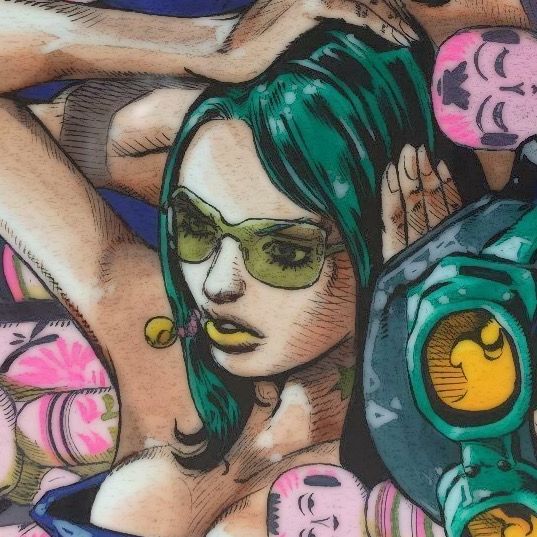 a drawing of a woman with green hair wearing sunglasses and holding a camera in her hand