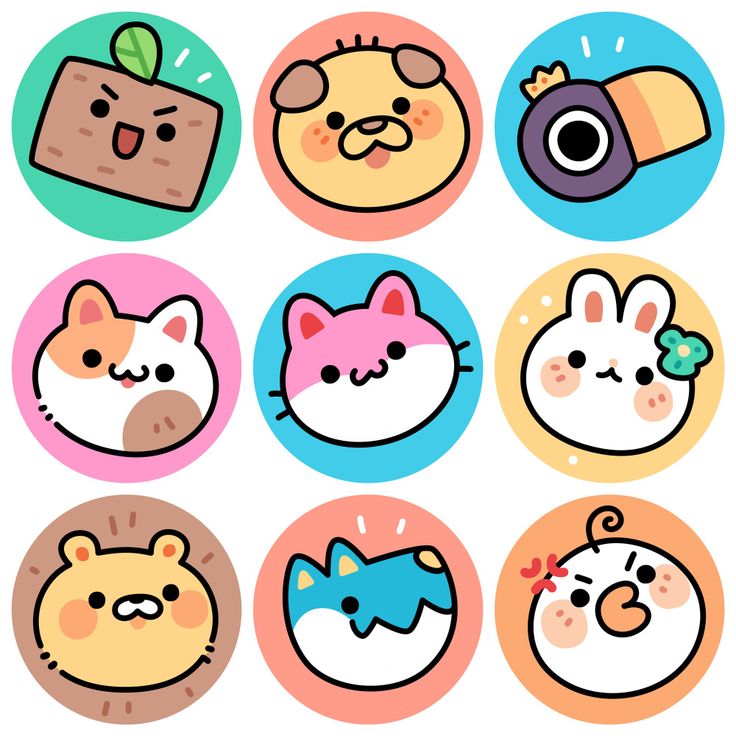 cartoon animal stickers are arranged in different colors and sizes, including one with a camera