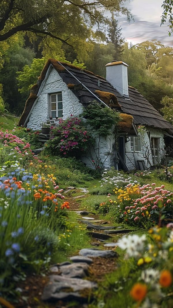 an old cottage with flowers in the foreground and a stone path leading to it