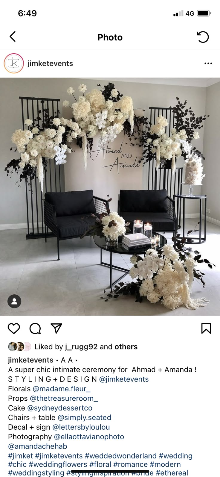 an instagram page with flowers and chairs