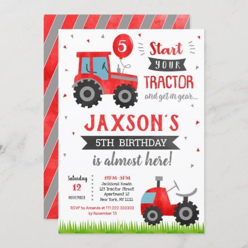 tractor birthday party card with red and gray stripes