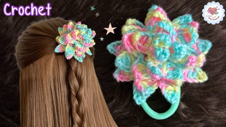 two crochet hair accessories are laying next to each other