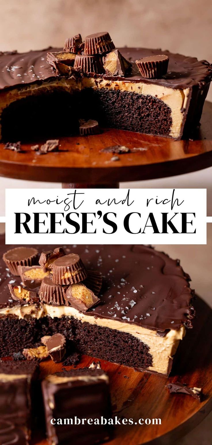 a close up of a cake on a plate with the words frosting and rich reese's cake