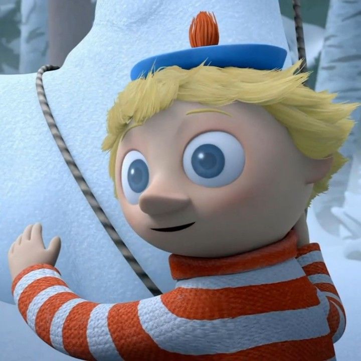 a cartoon character is standing in front of a snowman wearing an orange and white striped shirt