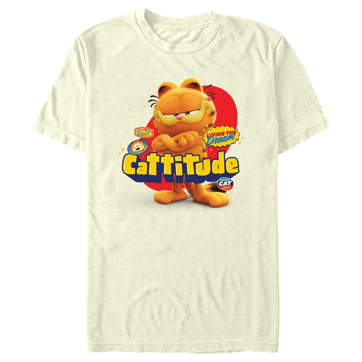 Join everyone's favorite lazy house cat for a new adventure with fun officially licensed apparel from The Garfield Movie coming soon! This Men's The Garfield Movie Cattitude Graphic T-Shirt features Garfield with his arms crossed along with the phrase: "Cattitude" in yellow and some cute Garfield-inspired stickers across the front. Sit back and relax with some lasagna and a nice nap in your adorable new t-shirts from The Garfield Movie today! Garfield Movie, Silly Shirts, Silly Shirt, Baby Graphic Tees, House Cat, Your Adorable, Large Clothes, Sleeve Packaging, Graphic Tee Design