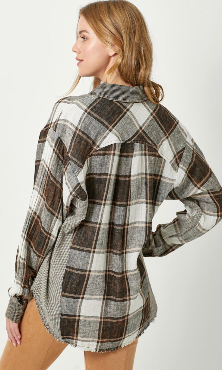 Washed Plaid OversizedButton downBust pocketFringed hi-lo hem Gray Tops With Pockets For Fall, Fall Frayed Hem Button-up Tops, Fall Button-up Tops With Frayed Hem, Hooded Plaid Cotton Flannel Shirt, Plaid Long Sleeve Flannel Shirt With Button Closure, Long-sleeved Flannel Shacket With Pockets, Plaid Cotton Button-up Blouse, Lisa S, Plaid Long-sleeve Top With Button Closure