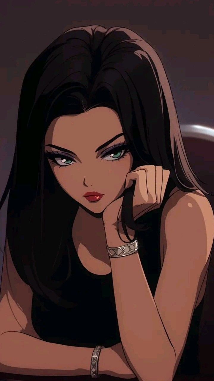 an animated image of a woman with long black hair and green eyes sitting on a chair