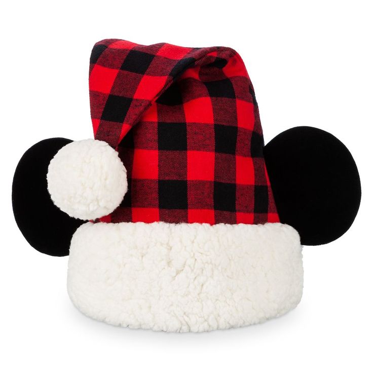 a mickey mouse hat with a red and black plaid pattern