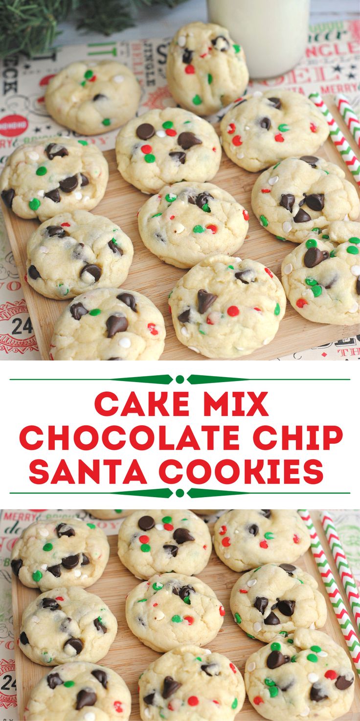 chocolate chip santa cookies on a cutting board next to a glass of milk