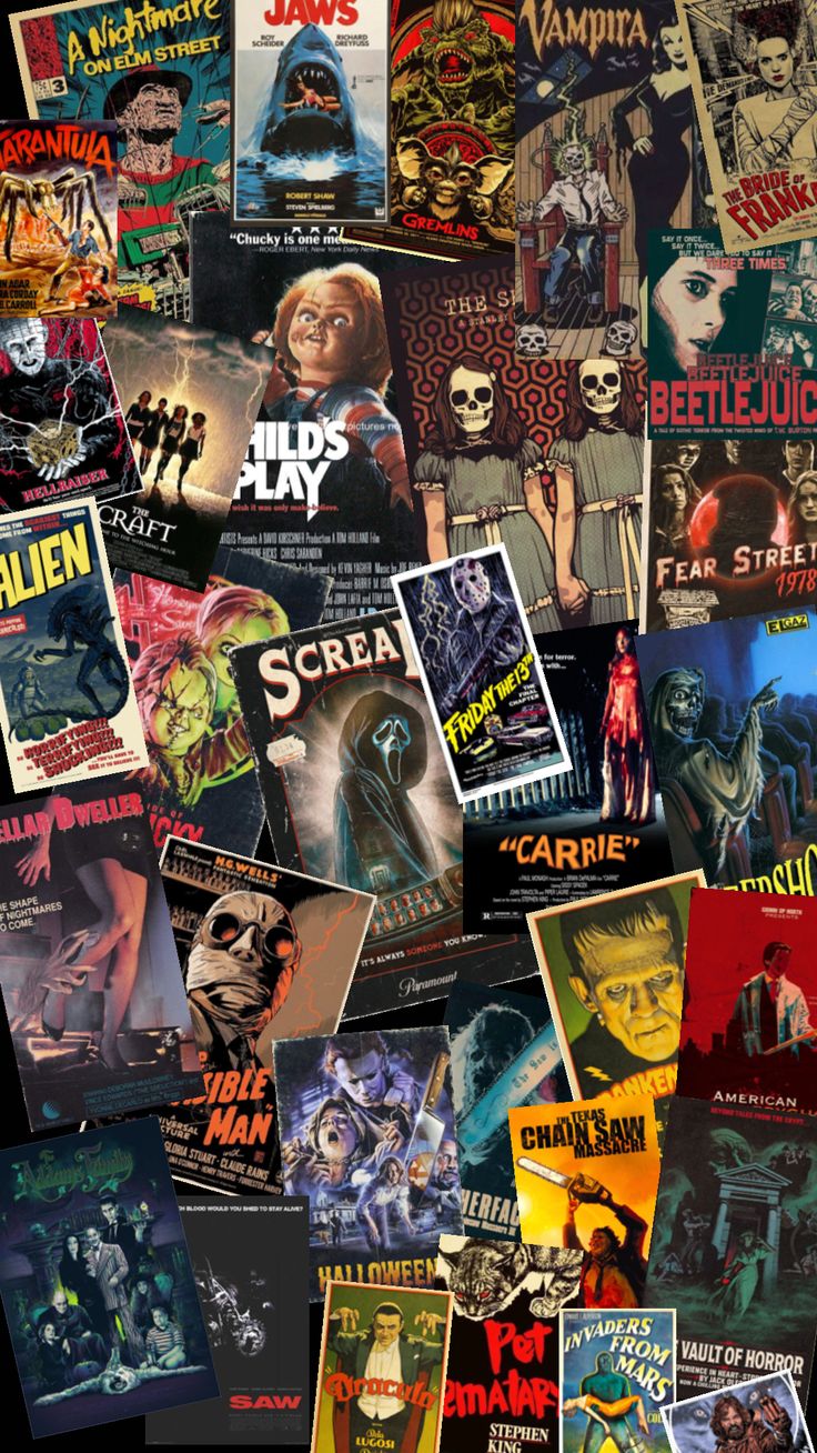 an assortment of horror movie posters are arranged in the shape of a collage on black paper