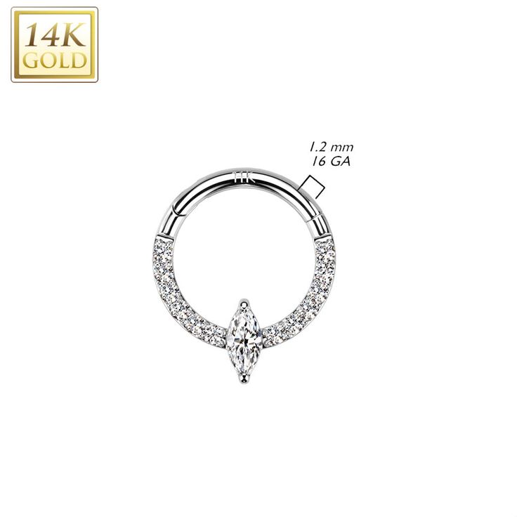 This 14K solid gold hoop ring adds an elegant touch of sophistication to any look. Featuring a hinged setting and Front Facing Marquise CZ Center and CZ Paved Sides, this premium hoop ring is perfect for adding a lux look to your nose, septum, ear cartilage or daith piercings. A timeless piece for any jewellery collection. Thickness: 16 Gauge (1.2 mm) Material: 14Kt. Gold Stone Material: CZ Sold by: 1 Pc Elegant Hoop Septum Ring With Prong Setting, 14k Gold Hoop Rings With Diamond Accents, Elegant White Gold Hoop Septum Ring, Elegant Hoop Septum Ring For Anniversary, Elegant Halo Hoop Septum Ring, Elegant Septum Ring With Halo, Elegant White Gold Septum Ring For Anniversary, Wedding Rings With Vvs Clarity Huggie, Daith Piercings