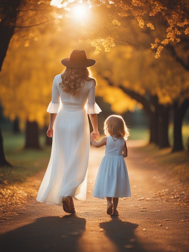 a mother and daughter walking down a path in the park at sunset holding hands with each other