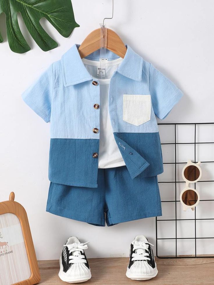 Baby Colorblock Patched Pocket Shirt & Shorts Without Tee | SHEIN USA Eid Pics, Trendy Romper, Boy Dress, Baby Boy Shirts, Baby Boy Dress, Baby Knitwear, Baby Swimwear, Clothing Diy, Baby Coat