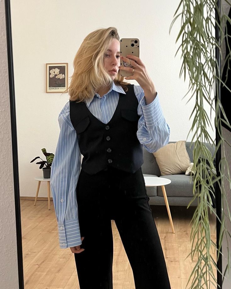 Outfit Ideas Vintage Classy, Style With Vest Outfit Ideas, Vest Outfits Work, Blue Shirt Winter Outfit, Formal Shirts Women Work Outfits, Vest With Shirt Outfit Ideas, Vest Set Outfits For Women, Formal Vest Outfits, Chic Korean Outfits