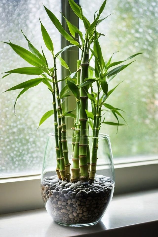 there is a glass vase with some plants in it