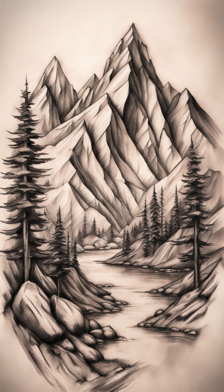 a pencil drawing of mountains and trees