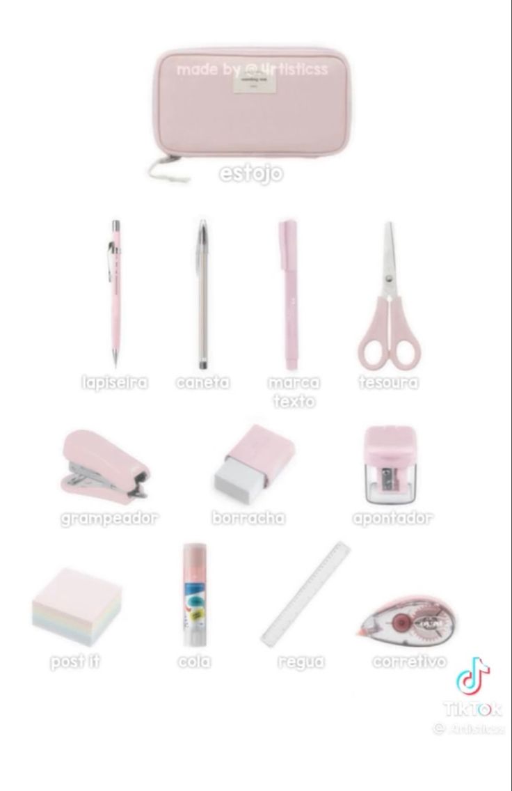 the contents of a pink manicure set including scissors, combs and other items