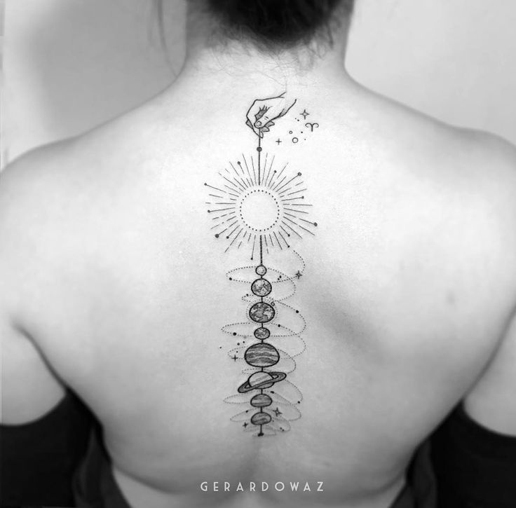 the back of a woman's neck with an image of a sun and planets on it