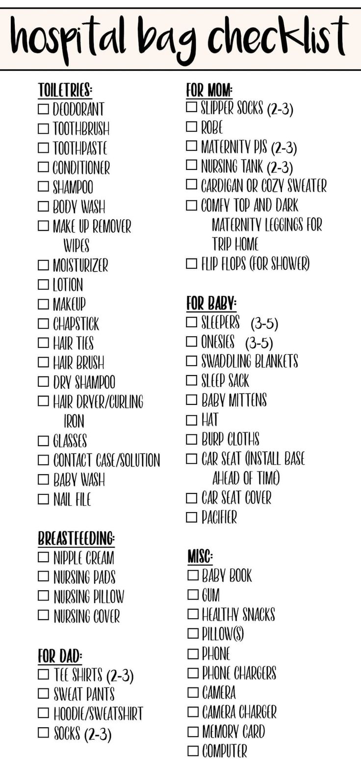 the hospital bag checklist is shown in black and white