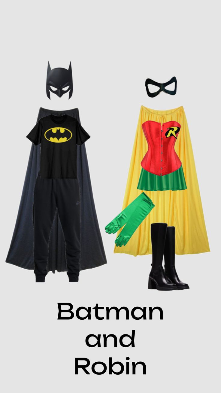 two children's costumes with the words batman and robin in black, yellow and red