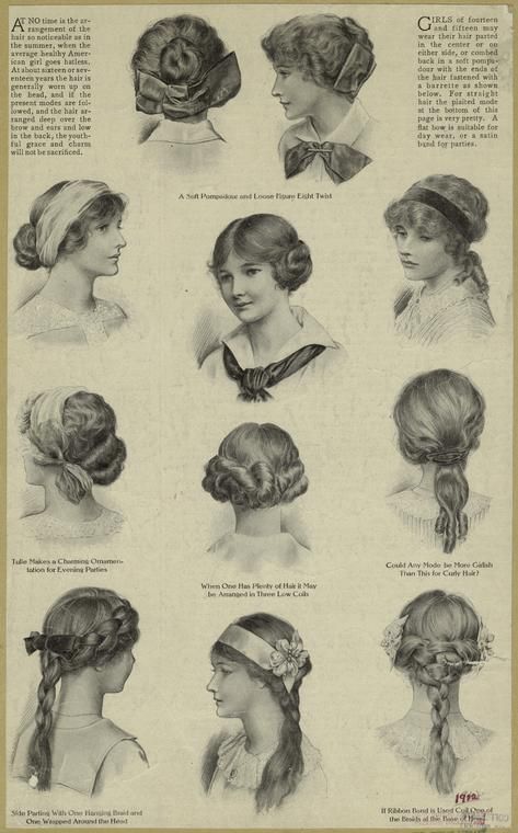 Hairstyles For Teenage Girls | 1912 | unstated American publication | Average healthy American girls go hatless in summer.  ~16-17: Hair generally worn up & if present modes followed & hair arranged deep over brow & ears and low in back, youthful charm not sacrificed. 14-15: Center part; on either side; combed back in a soft pompadour w/ ends of hair fastened w/ barrette as shown. Straight hair: Plaited, at bottom of page. Flat bow for day wear; satin band for parties. 1910 Hairstyles, Victorian Era Hairstyles, 1910 Hair, Edwardian Hairstyles, Teenage Hairstyles, New Short Haircuts, Patron Vintage, Victorian Hairstyles, Wilde Westen