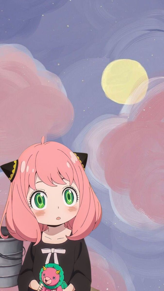 a girl with pink hair and green eyes holding a teddy bear in front of a night sky