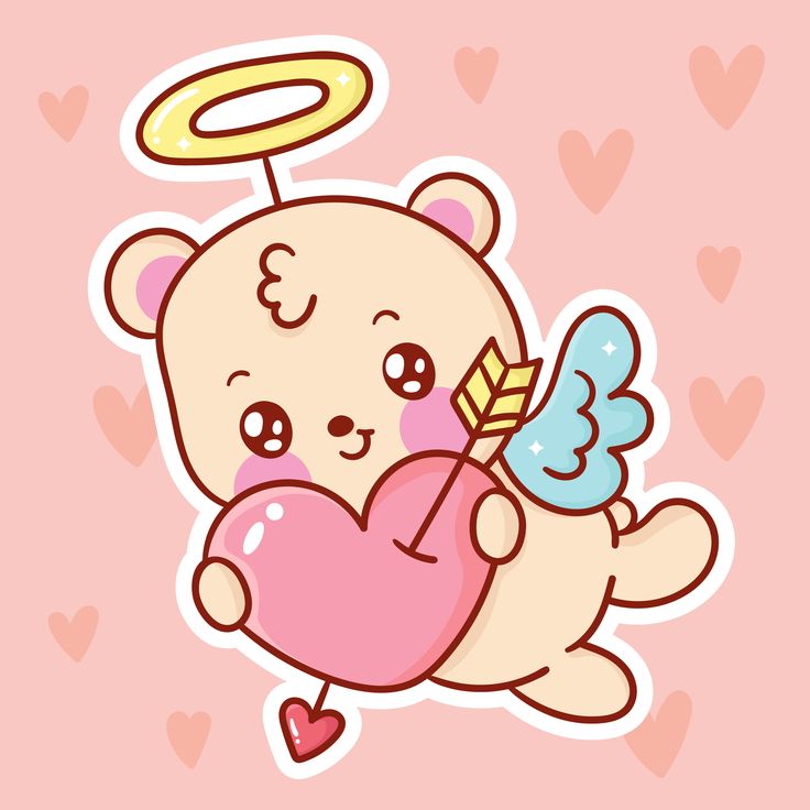 a cartoon bear with an angel heart and wings on it's back, flying through the air