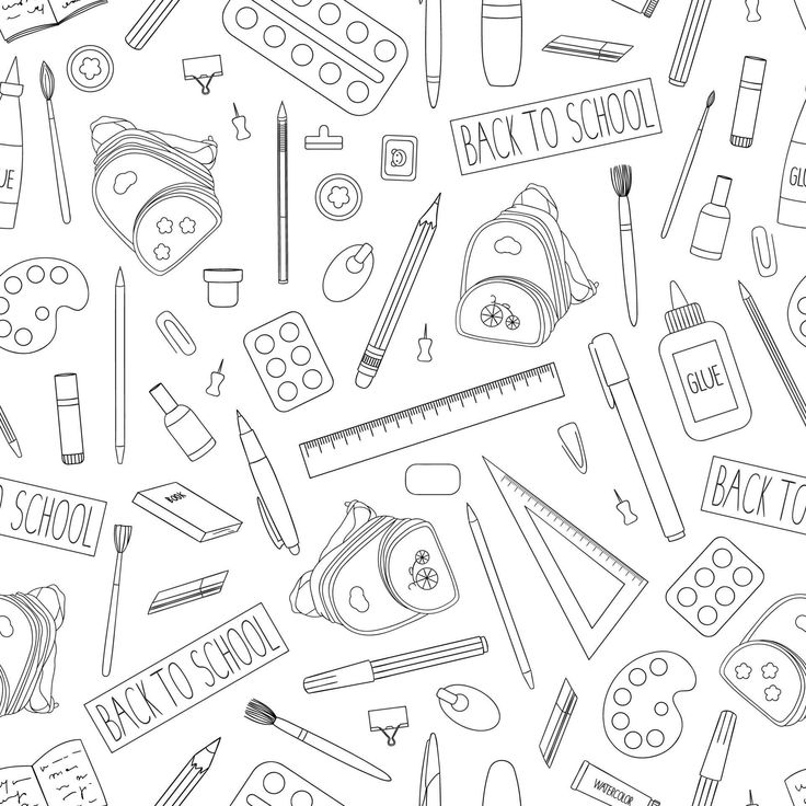 black and white back to school seamless pattern with pencils, scissors, books, markers