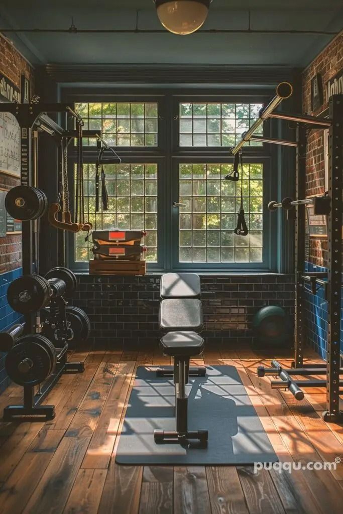 a home gym with lots of equipment in the corner and windows on either side of the room