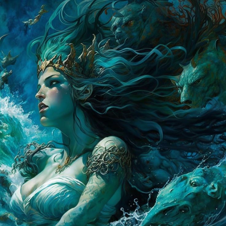 a painting of a woman in the water with her hair blowing up and sea creatures around her