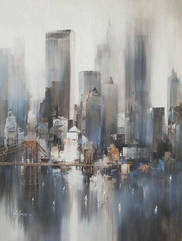 an abstract painting of a cityscape with skyscrapers and bridge in the foreground