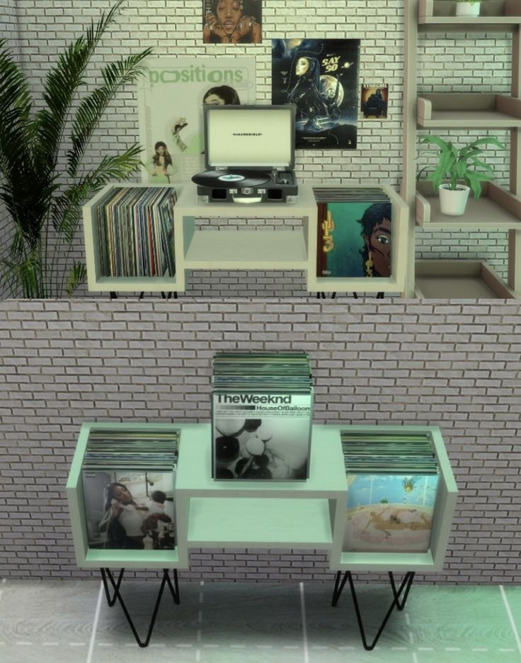 an image of a room with bookshelves and pictures on the wall in it