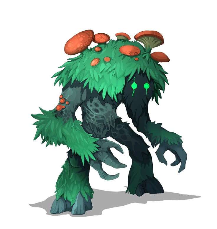 an image of a cartoon monster with mushrooms on it's head and legs, standing in