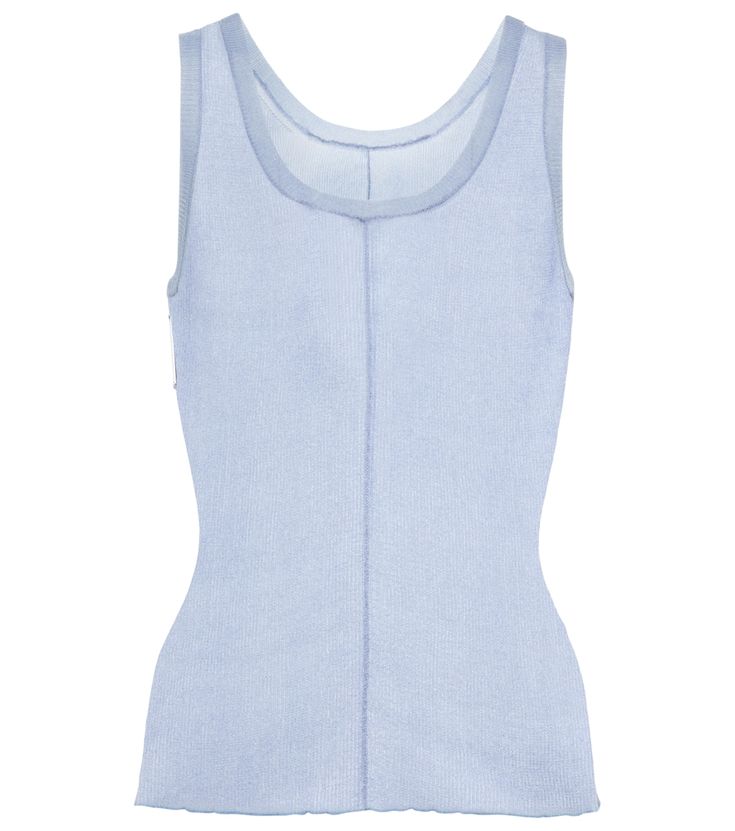 The key to any winning layering look is a fine base like this blue Peter Do tank top. It's made from a semi-sheer knit blend with a metal logo and seams down the front and back for a modern feel. Sheer Stretch Tank Top, Fitted Blue Tank Top With Seamless Construction, Blue Fitted Seamless Tank Top, Fitted Sheer Tank Top With Tank Straps, Fitted Sheer Tank Top, Sheer Fitted Sleeveless Tank Top, Sheer Tank Top For Layering, Chic Sleeveless Second-skin Top, Sheer Stretch Camisole Top