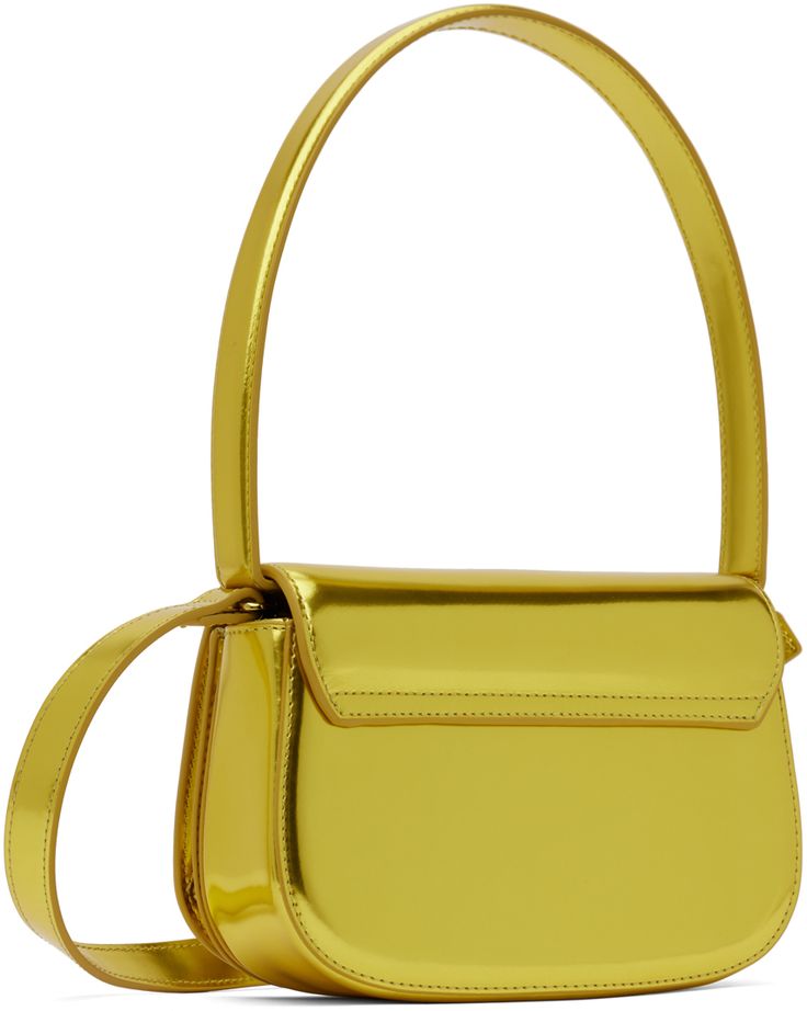 Patent leather shoulder bag in metallic yellow. · Fixed shoulder strap · Adjustable and detachable crossbody strap · Logo hardware at face · Magnetic press-stud flap · Patch pocket at two-compartment interior · Logo-woven moiré lining · H5 x W7.5 x D2.25 Supplier color: Yellow Modern Gold Flap Bag With Gold-tone Hardware, Modern Gold Flap Bag With Adjustable Strap, Modern Gold Flap Bag With Detachable Handle, Modern Gold Satchel Flap Bag, Designer Gold Flap Bag With Adjustable Strap, Luxury Gold Bag With Glossy Finish, Luxury Gold Bags With Glossy Finish, Luxury Gold Glossy Bag, Luxury Glossy Gold Bag