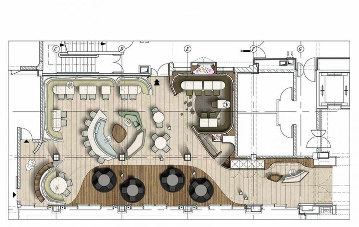 the floor plan for a restaurant with tables and seating areas, as well as an overhead view