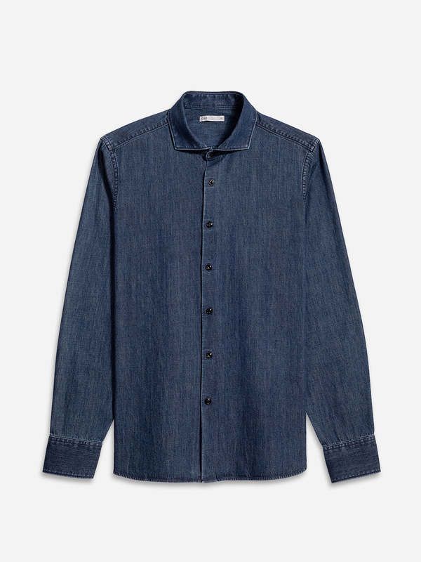 Upgrade your fall wardrobe with our arthur denim shirt. made from lightweight indigo cotton this go-to button-up offers a fresh casual vibe with its spread collar and black buttons. perfect for any outfit this shirt is a stylish and versatile addition to your closet.    - denim twill fabric  - light weight  - textured  - spread collar  - clean minimal look  - 100% cotton Cotton Denim Blue Shirt With Button Closure, Classic Chambray Button-up Denim Top, Denim Blue Cotton Button-up Shirt, Cotton Denim Blue Button-up Shirt, Dark Wash Cotton Collared Shirt, Unstructured Dark Wash Cotton Shirt, Dark Wash Button-up Shirt For Summer, Unstructured Cotton Shirt In Dark Wash, Indigo Button-up Cotton Shirt