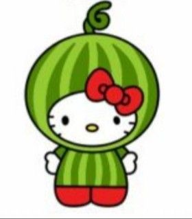 hello kitty in a watermelon costume with a bow on it's head