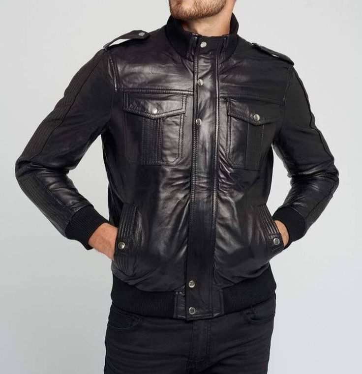 Men's Black Solid Casual Motorcycle Biker Aviator Bomber Leather Jacket, Men's Black Biker Leather Jacket, Men's Black Bomber Jacket - from Power Knots. Material Type : 100% Genuine/Real Soft Lambskin Leather.  Collar : Mandarin Style Stand Collar Pattern : Solid Fit : Tailored Fit Closure Type : Front Zipper Closure. Hemline : Straight Hemline. Sleeves Style : Long Sleeves. Number of Pockets : Inner Pockets : 1 Outer Pockets : 2 Side Welted Pockets. Color : Green  Lining Material : Inner Lining Black Moto Leather Jacket With Pockets, Urban Black Leather Jacket For Urban Adventures, Black Urban Leather Jacket For Urban Adventures, Black Leather Outerwear For Urban Adventures, Black Leather Jacket For Urban Adventures, Urban Style Black Leather Jacket For Urban Adventures, Black Business Biker Jacket With Pockets, Urban Black Leather Jacket With Pockets, Black Leather Jacket With Zipper For Urban Adventures