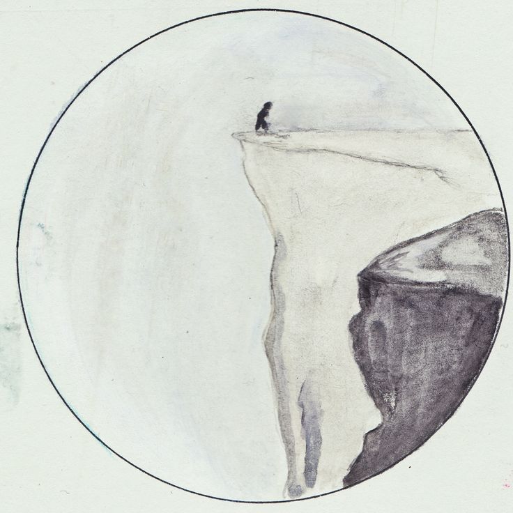 a drawing of a man standing on top of a cliff with a bird perched on it