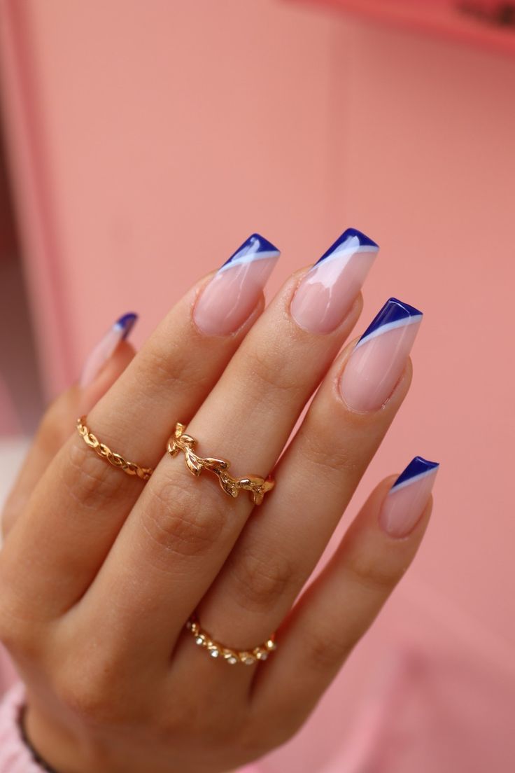 Blue French Tip Nails Square With Design, Blue Nails Extensions, Classy Royal Blue Nails, French Royal Blue Nails, Short Square Acrylic Nails Royal Blue, French Extensions Nails, Short Square Acrylic Nails Blue French Tips, Cobalt Blue Nails French Tip, Dark Blue French Tip Nails With Design