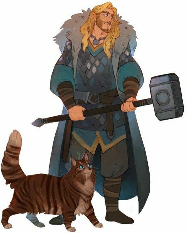 a cat standing next to a man in armor and holding an ax with his hand