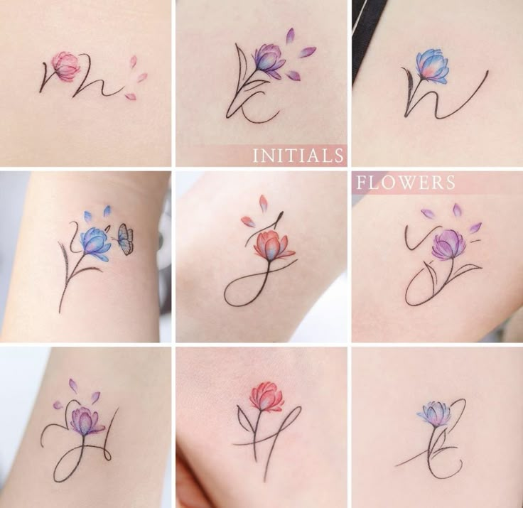 six different flower tattoos on the upper arm and lower arm, with various flowers in them