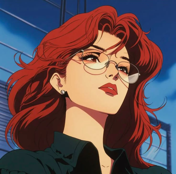 a woman with red hair and glasses looking off to the side