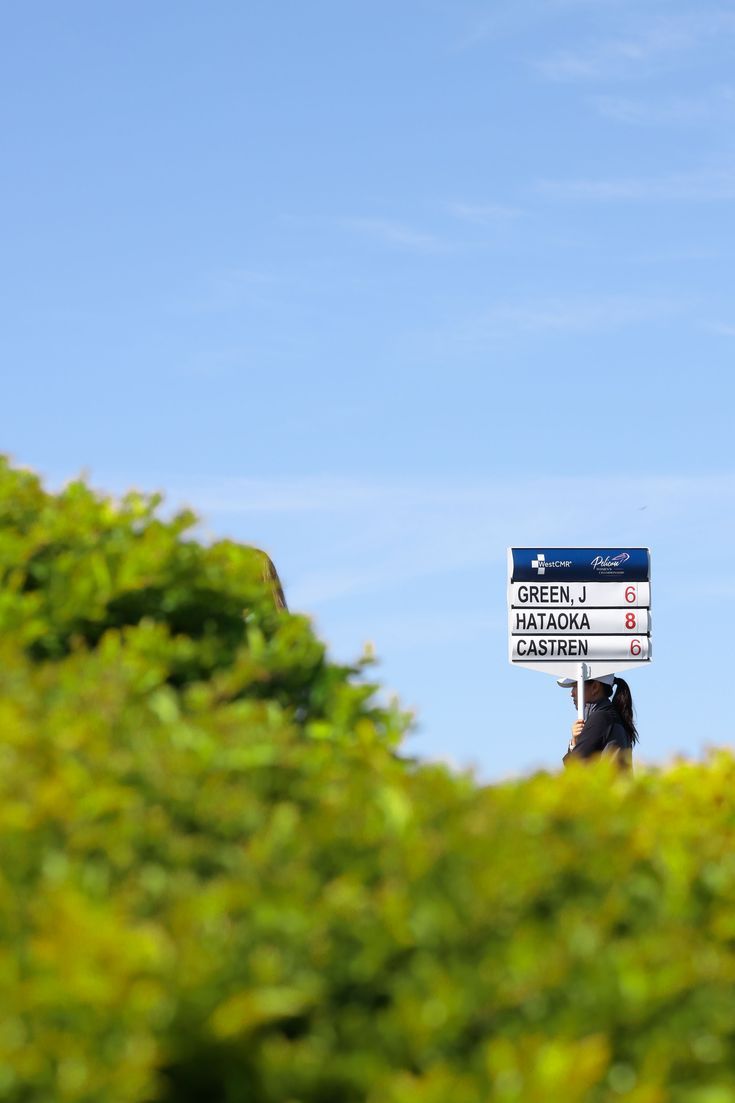 a person holding up a sign in front of some bushes and blue sky with clouds