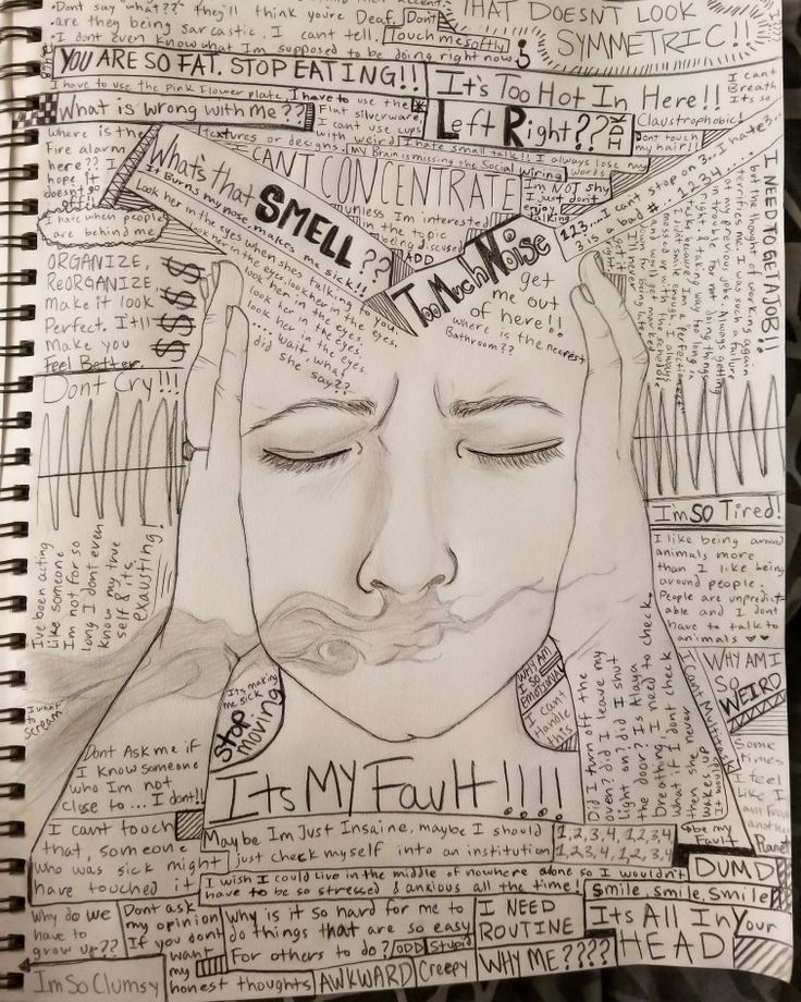 a drawing of a woman's head with words all over it and her eyes closed