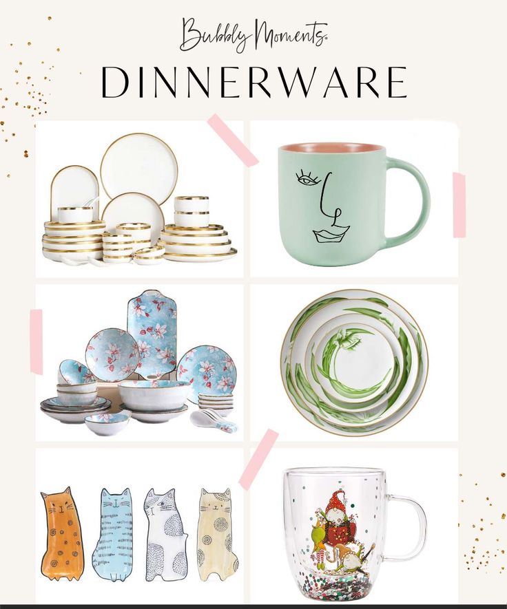 a collage of dishes and cups with the words birthday moments dinnerware